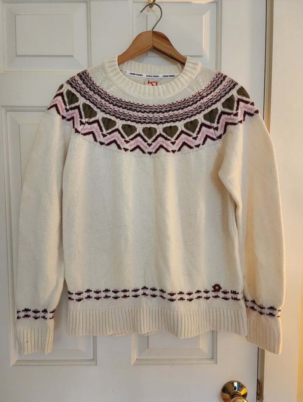 Kari Traa Sundve Fair Isle Wool Sweater Large Cream Pink&green  Apres Ski Winter
